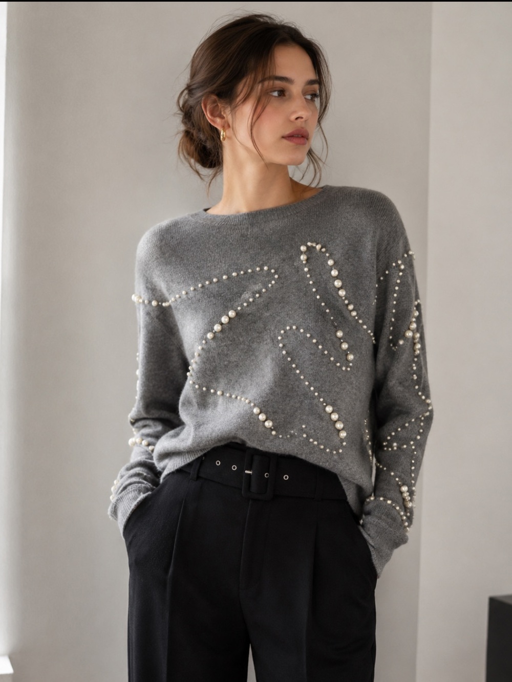 Zara Gray Pearl Embellished lightweight knit